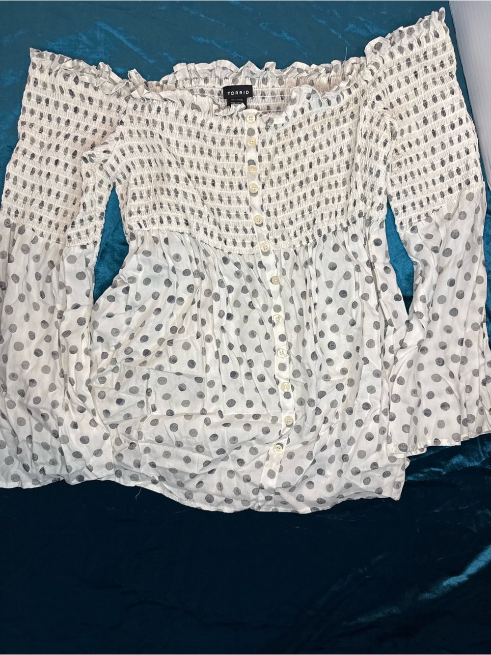 torrid White Polka Dot Off-Shoulder Smocked Peasant Top - Picture 4 of 4